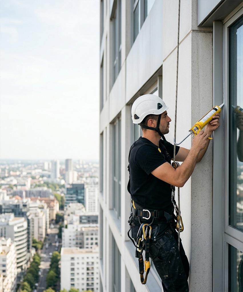 Cordiste Vertikal Pro réalisant la réfection de joints d'étanchéité au mastic sur la façade vitrée d'un immeuble résidentiel moderne.