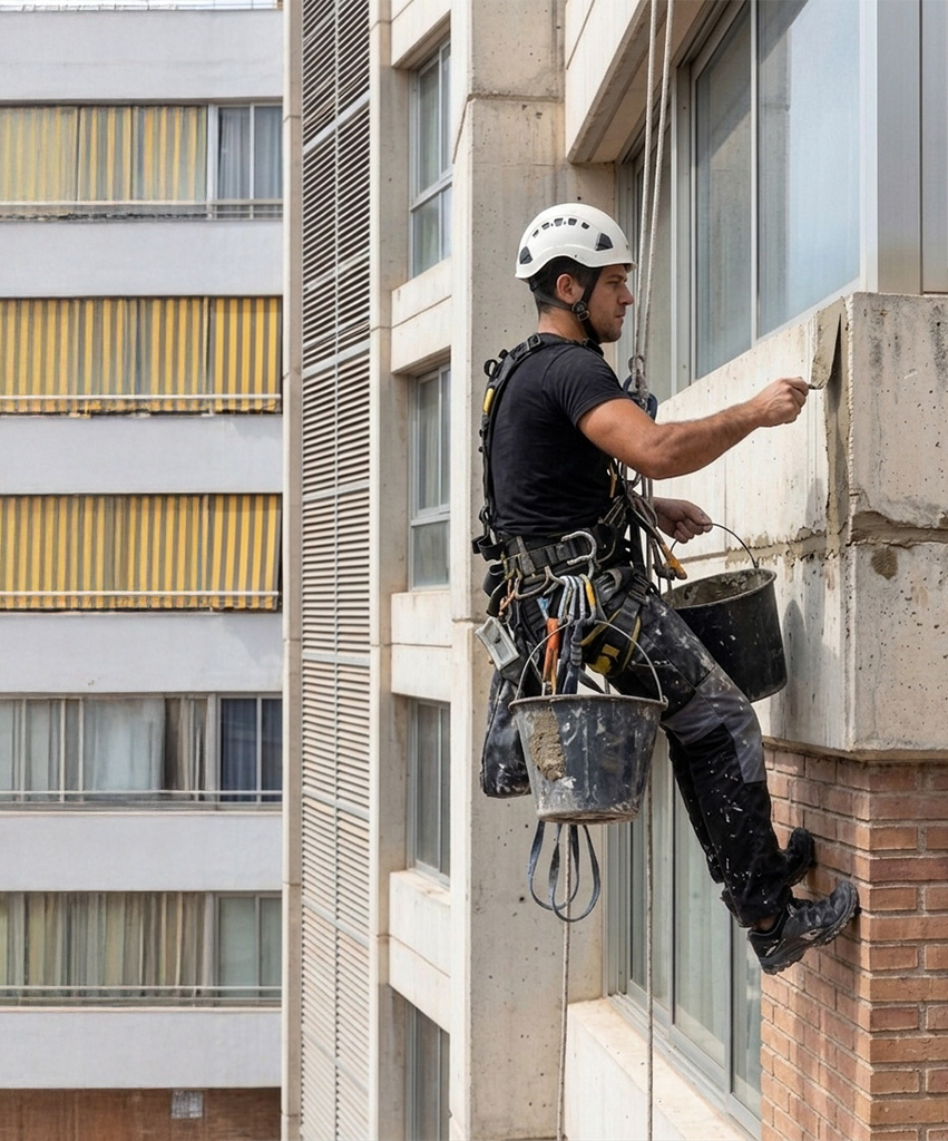 Technicien cordiste en pleine réparation de maçonnerie sur un bâtiment, utilisant une truelle pour restaurer un appui de fenêtre en hauteur.