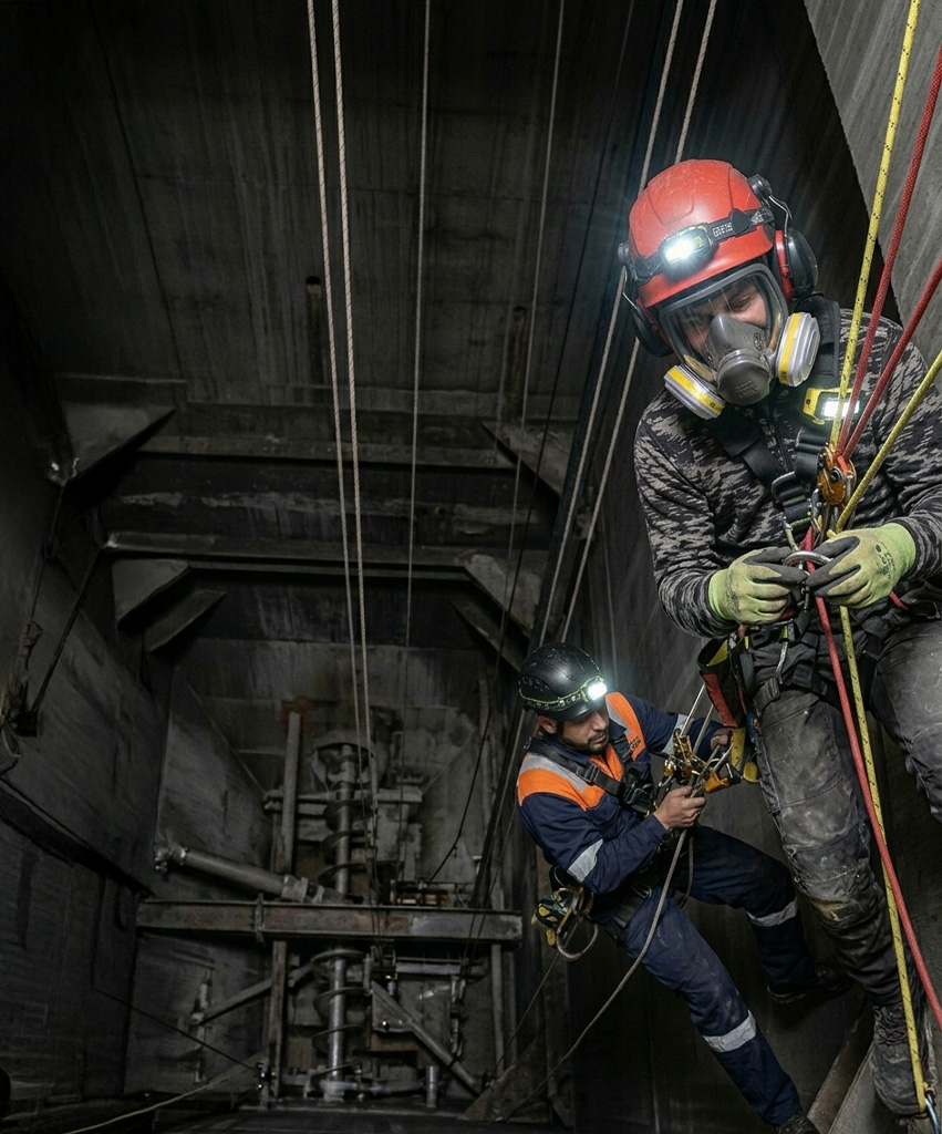 Intervention technique de Vertikal Pro en milieu confiné et industriel, techniciens cordistes équipés de masques complets et lampes frontales.