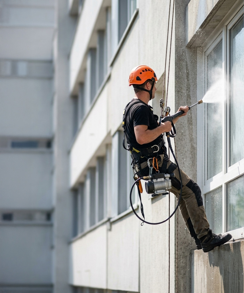 Nettoyage de vitres haute pression par un cordiste professionnel Vertikal Pro sur la façade d'un bâtiment urbain.
