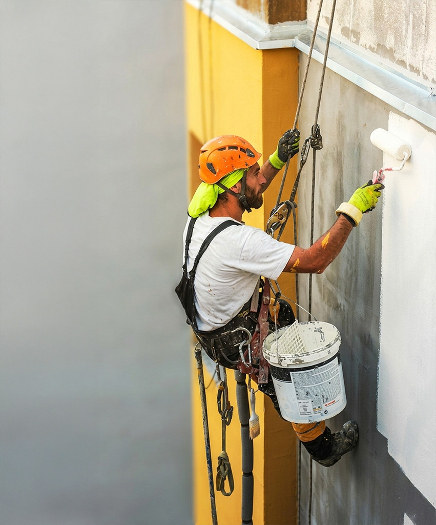 Travaux de peinture de façade par un cordiste équipé d'un rouleau et d'un harnais de sécurité, intervention sur un bâtiment coloré.