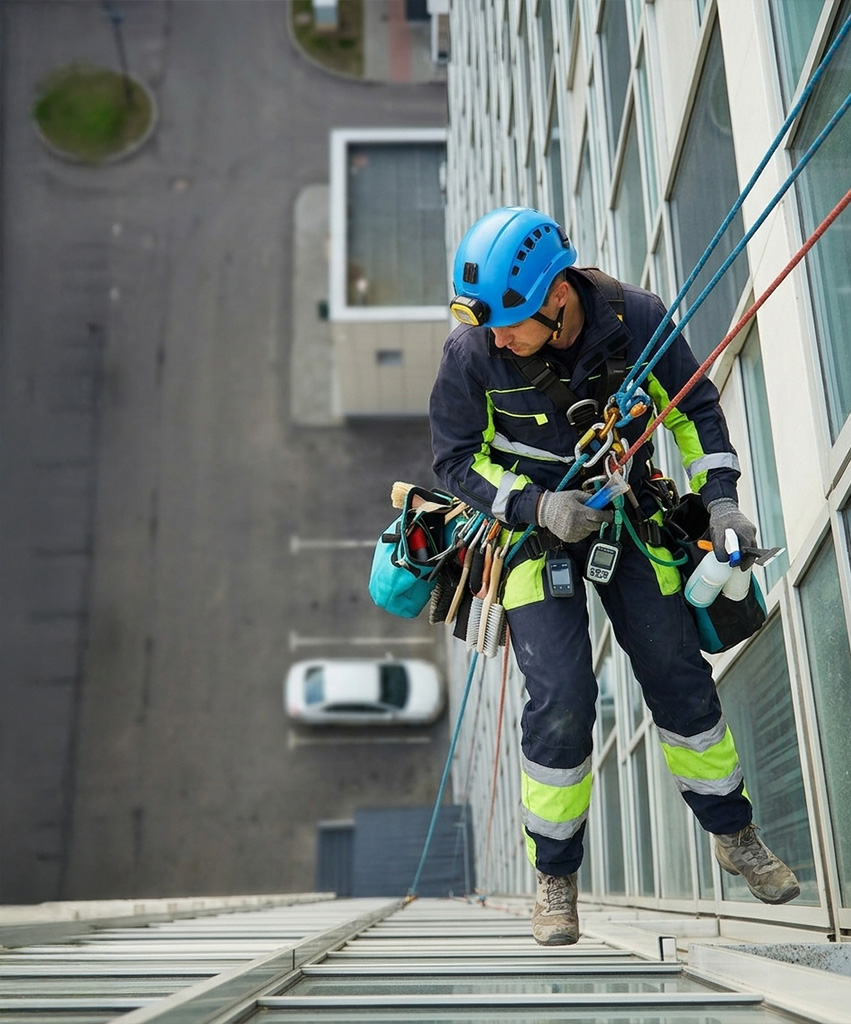 Expert cordiste Vertikal Pro effectuant une inspection technique et des petites réparations sur une paroi vitrée de grande hauteur.