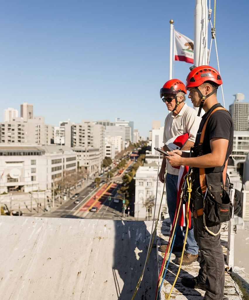 Audit de sécurité et planification de travaux en hauteur par deux experts cordistes Vertikal Pro sur le toit d'un bâtiment en ville.